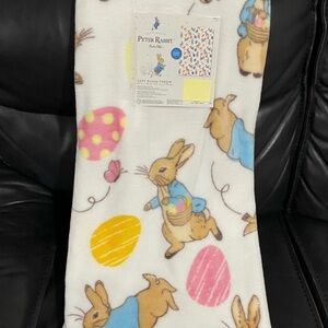 Peter Rabbit Plush Throw Blanket - White with Pastel Eggs and Bunnies